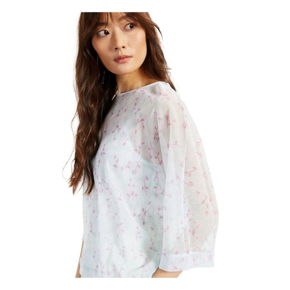 ALFANI Womens Aqua Sheer Floral 3/4 Sleeve Boat Neck Top XL_3